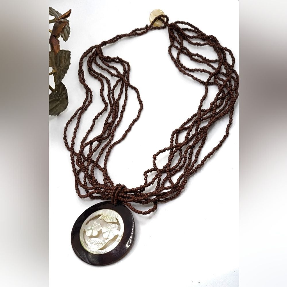"5/$40" Multistrand Seed Bead Floral Abalone Shell Pendant Necklace